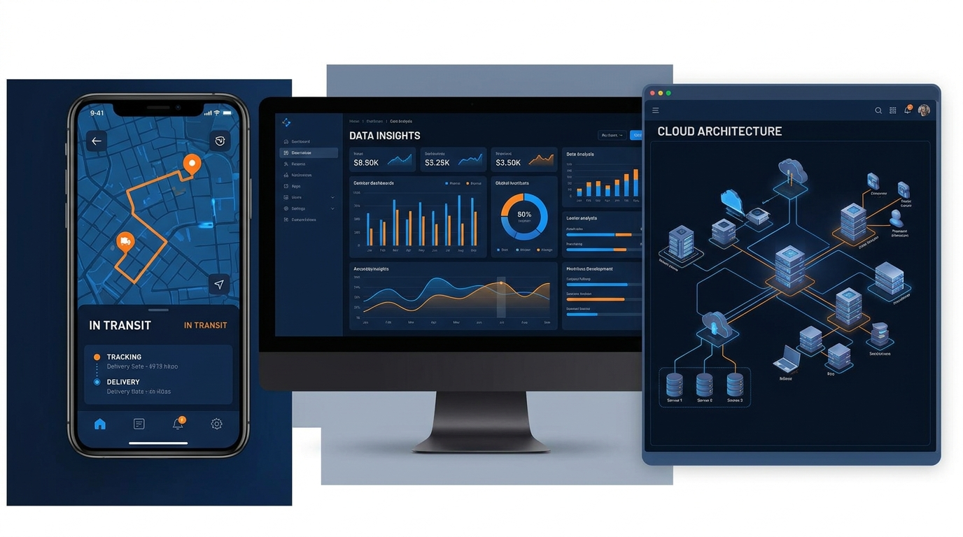 Interfaces digitales modernas para logística, analítica y arquitectura cloud
