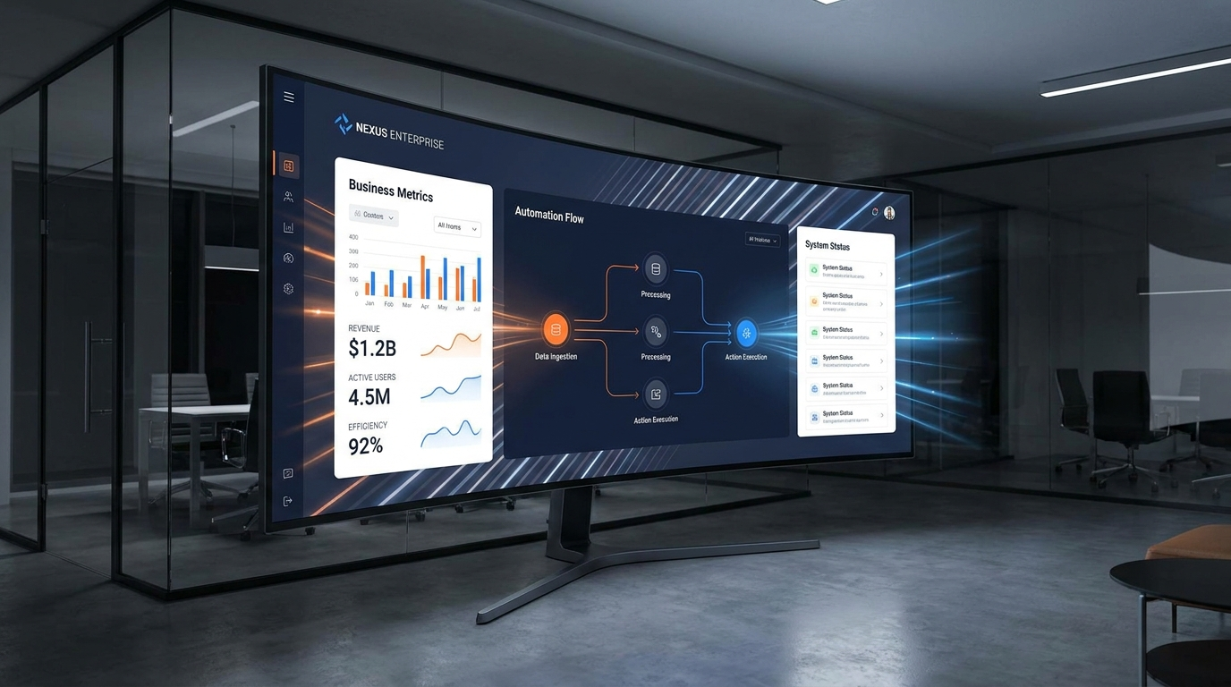 Dashboard empresarial premium en una pantalla de oficina